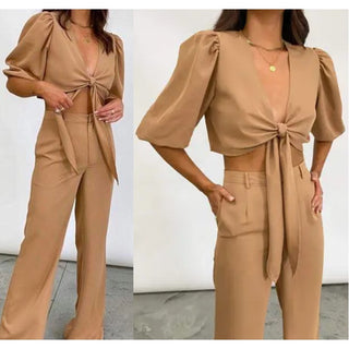 Pretty Lavish Jamie Crop Tie Knot Blouse & Wide Leg Trouser Pants Set Tan US 4