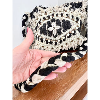 Antik Batik Braided Strap Tassel Crochet Beaded Shoulder Bag Black White Women's