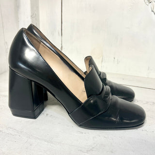 Prada Milano Leather Block Heel Penny Loafer Pump Shoes Black Womens Size 40 / 9