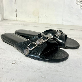 Balenciaga Cagole Arena Lambskin Slip On Open Toe Flat Sandals Black Women's 37