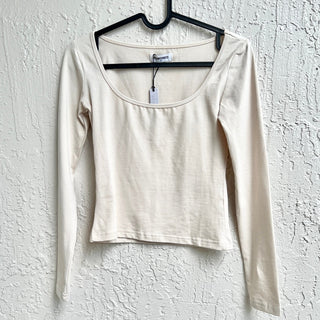 NWT Rumored 100% Cotton Scoop Neck Long Sleeve T-Shirt Top Beige Women's Size XS