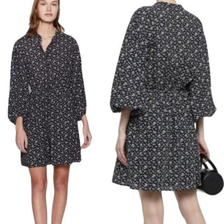 Joie Galani Floral Balloon Sleeve Button Down Mini Shirt Dress Navy Womens Small