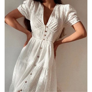 Zara Short Sleeve Eyelet Button Front Tiered Midi Dress White Womens Size Medium