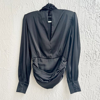 NWT Sen Long Sleeve Pleated Satin High Neck Top Blouse Black Women's Size Small