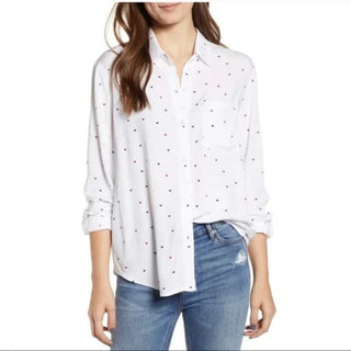 Rails Rocsi Heart Print Long Sleeve Curved Hem Button Down Shirt Top Women's XS