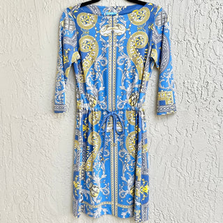 J. McLaughlin 3/4 Sleeve Printed Boat Neck Waist Tie Midi Dress Blue Women's XS