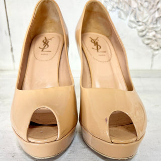 Saint Laurent YSL Patent Leather Slip On Peep Toe Stilettos Pump Beige 38 / 7.5