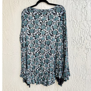 Free People Flare Sleeve Floral Print Ruffle Olivia Top Black Green Women's XS