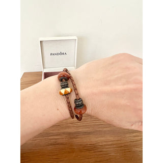 Pandora Leather Braided Beaded Bracelet With Charms Brown Women's