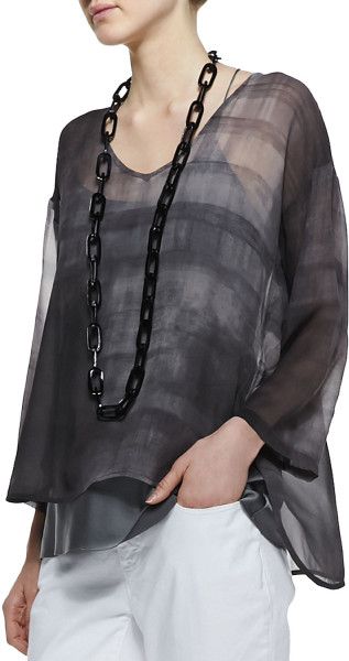 Eileen Fisher Silk 3/4 Sleeve Semi-Sheer V-Neck Hi-Low Blouse Gray Womens Size L