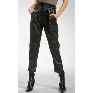 Elan High Waisted Faux Leather Tapered Leg Paperbag Pants Black Women's Size XS