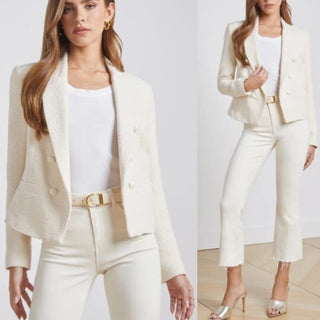 NWT L'AGENCE Long Sleeve Tweed Brooke Open Front Blazer Ecru Cream Women US 4