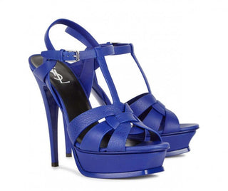 Saint Laurent Tribute Grained Leather Platform Sandals Vibrant Blue Women EU 36