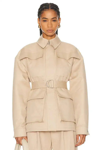 NWT Wardrobe NYC Drill Long Sleeve Belted Cargo Parka Jacket Khaki Tan Women XXS