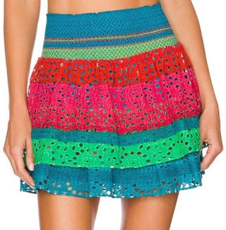 NWT Alice + Olivia Bethie Smocked Tiered Mini Skirt Cabo Stripe/Multi Women's 6