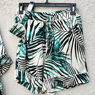 NWT Patbo Palm Print Short Sleeve Top & Shorts Set W/ Sleep Mask White Green S/P