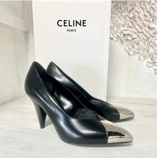 NIB $1.200 Celine Triangle Heel Metallic Toe Leather Pump Black Women's Sz 35.5