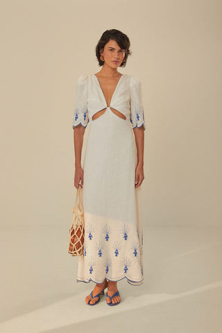 FARM Rio Sea of Fish Embroidered Puff Sleeve Cut-Out A-Line Midi Dress White XL