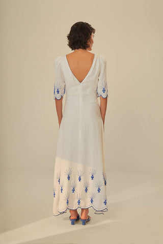 FARM Rio Sea of Fish Embroidered Puff Sleeve Cut-Out A-Line Midi Dress White XL