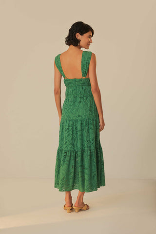FARM Rio Monstera Sleeveless V-Neck Corset Eyelet Maxi Dress Green Womens Size L