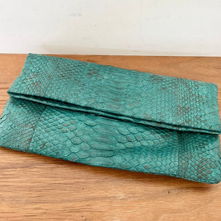 Essentiel Antwerp Snakeskin Leather Folded Clutch Bag Teal Blue Women's