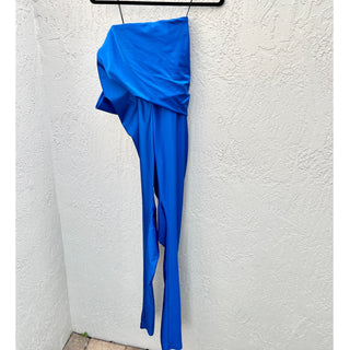 Saint Laurent Strapless Gathered Bow Satin Jersey Jumpsuit Blue Women's Size 1/S