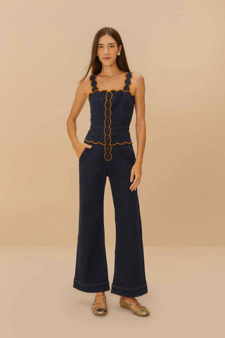 NWT FARM Rio Denim Cloud Scalloped Cutout Flare Jumpsuit Blue Dark Blue Womens L
