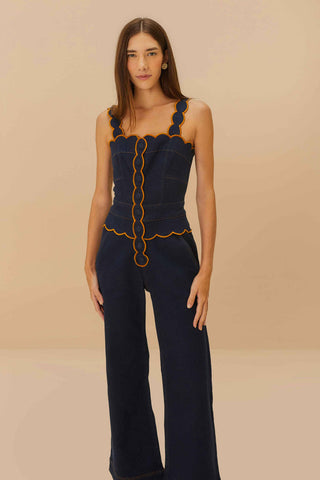 NWT FARM Rio Denim Cloud Scalloped Cutout Flare Jumpsuit Blue Dark Blue Womens L