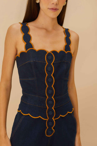 NWT FARM Rio Denim Cloud Scalloped Cutout Flare Jumpsuit Blue Dark Blue Womens L
