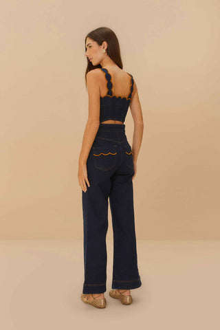 NWT FARM Rio Denim Cloud Scalloped Cutout Flare Jumpsuit Blue Dark Blue Womens L