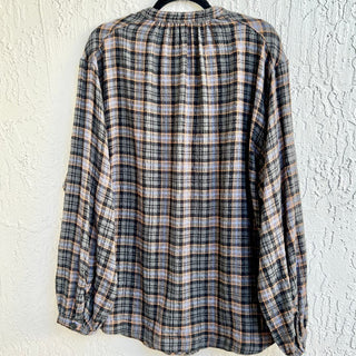 Free People Long Sleeve Checked Plaid Henley Top Shirt Multicolor Women's Large