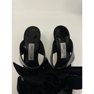 Jimmy Choo Flaca Velvet Bow Patent-Leather Mules Sandals Black Women's 39 / 8.55