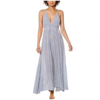 Elan Striped Sleeveless V-Neck Strappy Back Maxi Dress Blue/White Women's Size S