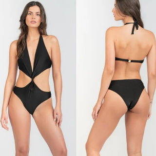 Rangel x LA SIRENE Aubrey Halter Twisted One-Piece Swimsuit Black Women's Size S