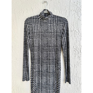 NWOT Norma Kamali Plaid Turtleneck Evening Maxi Dress Black White Women's M / 38