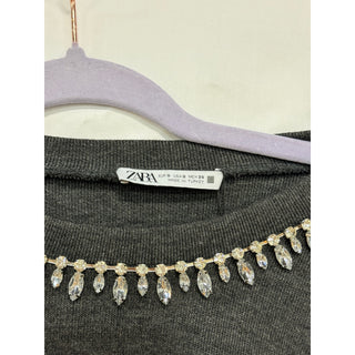 NWT Zara Embellished Rhinestone Long Sleeve Round Neck Sweater Grey Marl Women S