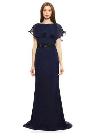 NWT Badgley Mischka Plisse Ruffle Embellished Maxi Formal Dress Navy Blue 14