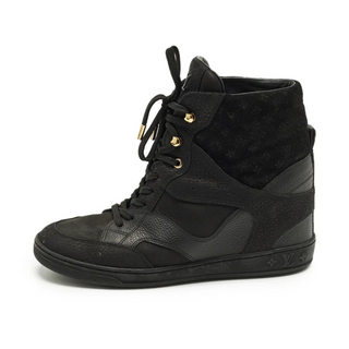 Louis Vuitton Cliff Suede Leather High Top Wedge Sneaker Booties Black EU 38.5