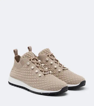 Jimmy Choo Veles Knit Embellished Faux Pearl Comfort Sneakers Beige Women's 40