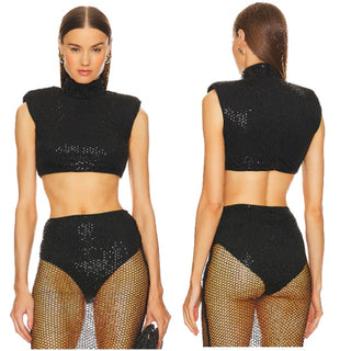 NWT Michael Costello x REVOLVE Samara Sequin Mock Neck Crop Top Black Womens XS