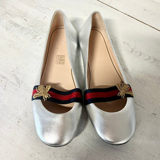 NWT Gucci Bayadere Bee Leather Slip On Ballerina Flat Shoes Silver Women's 38