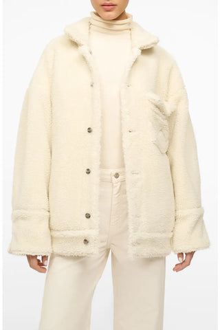 Staud x Wrangler Faux Shearling & Denim Trucker Jacket Cream Women's Size S/M