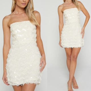 NWT Showpo Strapless Sequin Nola Mini Dress Cream Women's Size 2 / XS