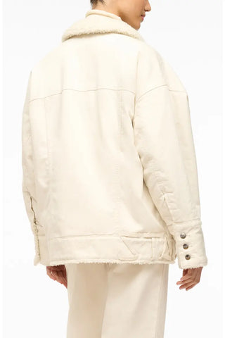 Staud x Wrangler Faux Shearling & Denim Trucker Jacket Cream Women's Size S/M