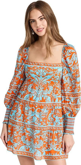 NWT Alice + Olivia Rowen Long Sleeve Babydoll Mini Dress Blue Orange Womens XL