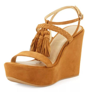 Stuart Weitzman Tasselmania Suede Braided Strap Wedge Sandals Camel Women's US 8