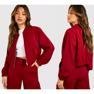 Boohoo Woven Long Sleeve Full Zip Bomber Jacket Cherry Red Women's Size US 4