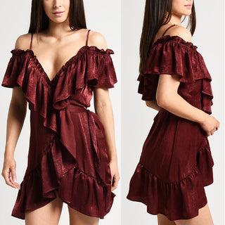 Misa Valerya Ruffle Trim Cold Shoulder Wrap Mini Dress Red Wine Women's Size XS