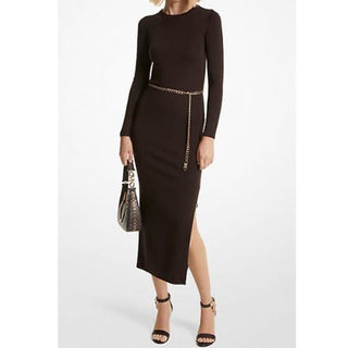 NWOT Michael Kors Long Sleeve Wool Blend Belted Maxi Dress Chocolate Women's M