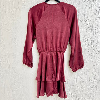 Zara Balloon Sleeve Satin Silky Ruffle Mini Dress Burgundy Women's Size Small